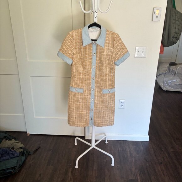 Sandro Mella Denim-Paneled Metallic Cotton-Blend Tweed Mini Dress Yellow&Blue - Picture 2 of 5